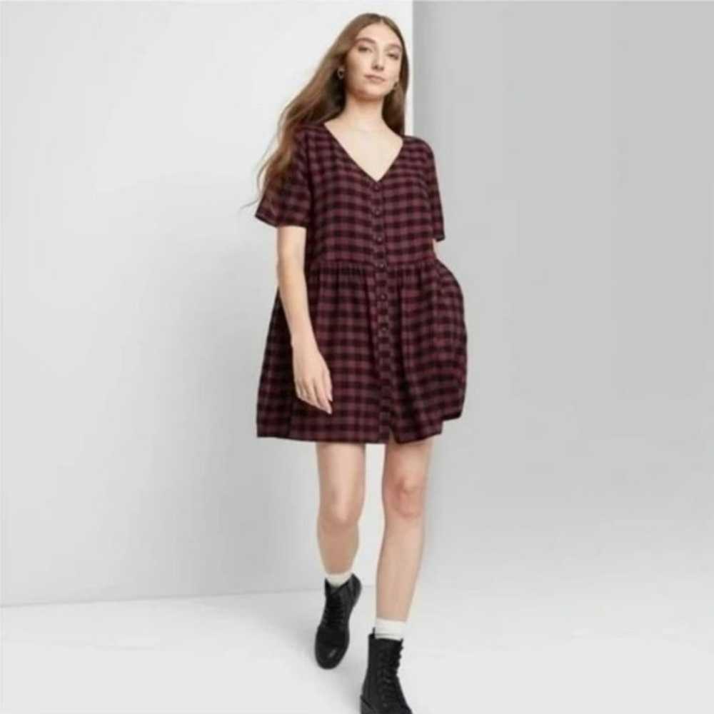wild fable Burgundy and Black Plaid V-Neck Mini Dress